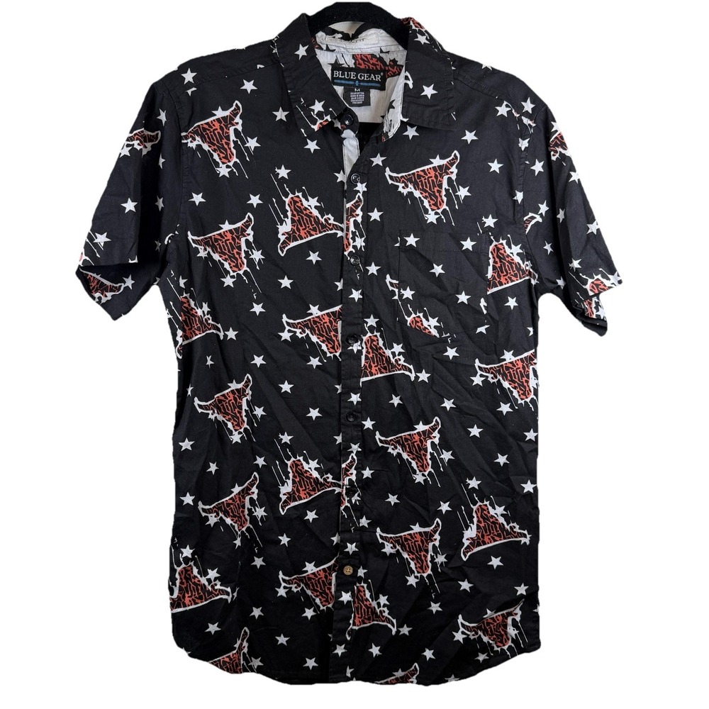 Blue Gear Mens Medium Black Longhorn Bull Stars Printed Short Sleeve Shirt Top
